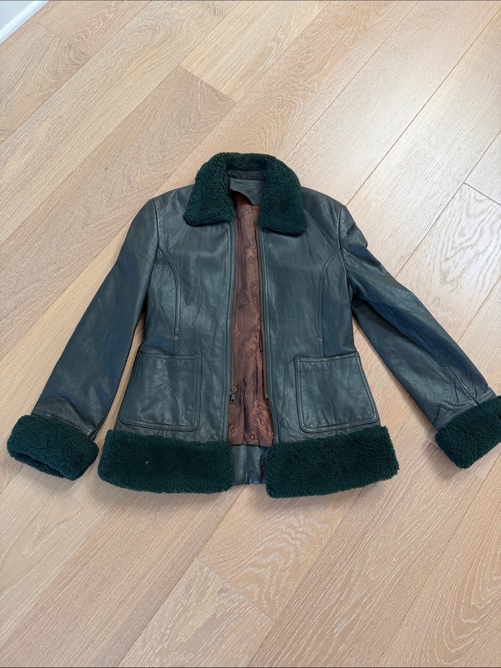 Women's Dark Green Leather Jacket with Sherpa Trim